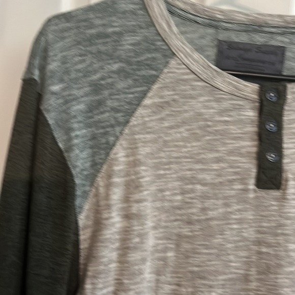 Multi pattern knit top, tan and olive green - Picture 3 of 5